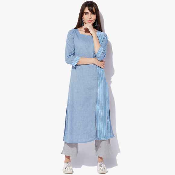 Side Placket Big Button Mangalgiri Striper Kurta - Indian Dobby