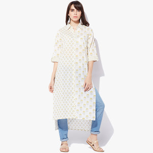 Shirt Collar High-Low Handblock Print Kurta - Indian Dobby