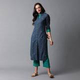 Front Open Straight Band Collar Mangalgiri Zari Checks Kurta and Pants Set