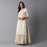 Schiffli & Gota Work Panel Cotton Slub Ivory Kurta & Gold Print Skirt Set