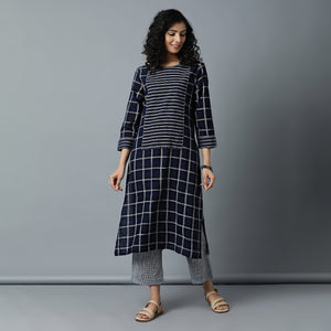 Long Centre Yoke Cotton Kurta & Mini Checks Pants Set