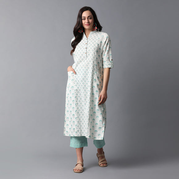 Handblock Printed Front Pockets Kurta and Checks Pants Set