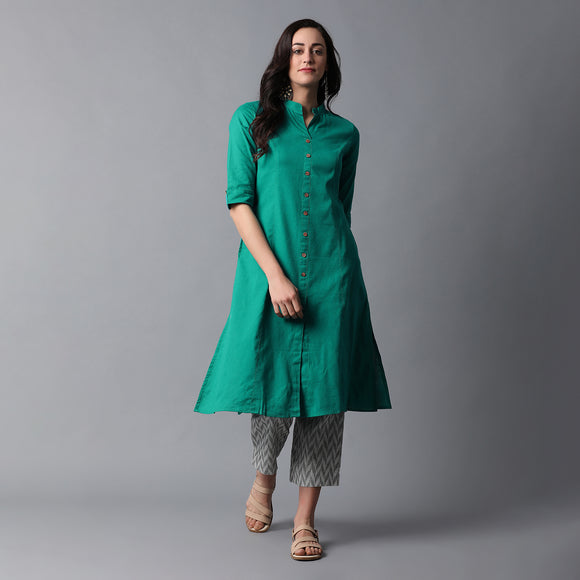 Band Collar A-line Plain Kurta with Jacquard Pants