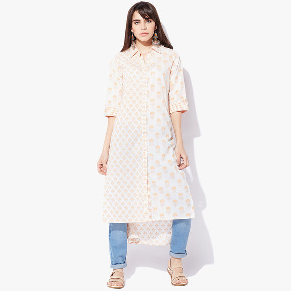 Shirt Collar High-Low Handblock Print Kurta - Indian Dobby