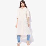 Shirt Collar High-Low Handblock Print Kurta - Indian Dobby