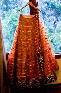 Antique Gold Embellished Bridal Lehenga with Choli Blouse & Embroidered Dupatta - Indian Dobby