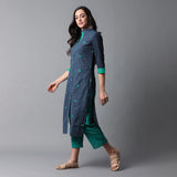 Front Open Straight Band Collar Mangalgiri Zari Checks Kurta and Pants Set