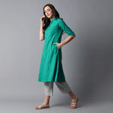 Band Collar A-line Plain Kurta with Jacquard Pants