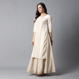 Schiffli & Gota Work Panel Cotton Slub Ivory Kurta & Gold Print Skirt Set