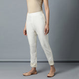 Tapered 'Katan Silk' Gota Work Ivory Pant with elasticated back