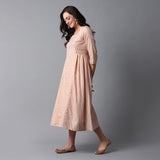 Bleached Coral Gold Print Princess Seam Pleated Cotton Slub Dress