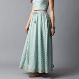 Gold Print Kalidar Talc Blue Skirt with Gota Hem
