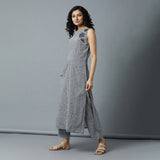 S/L A-line Embro Checks Kurta and striper Pants Set