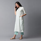 Handblock Printed Front Pockets Kurta and Checks Pants Set