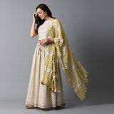 Gold Buta Print Skirt, Gold Striper Print Blouse and Contras Frill Dupatta Set