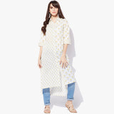 Shirt Collar High-Low Handblock Print Kurta - Indian Dobby