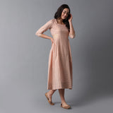 Bleached Coral Gold Print Princess Seam Pleated Cotton Slub Dress