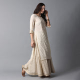 Schiffli & Gota Work Panel Cotton Slub Ivory Kurta & Gold Print Skirt Set