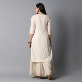 Schiffli & Gota Work Panel Cotton Slub Ivory Kurta & Gold Print Skirt Set