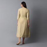 Faded Lime Gold Print Princess Seam Pleated Cotton Slub Dress
