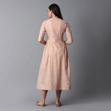 Bleached Coral Gold Print Princess Seam Pleated Cotton Slub Dress
