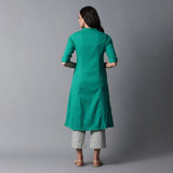 Band Collar A-line Plain Kurta with Jacquard Pants