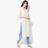 Shirt Collar High-Low Handblock Print Kurta - Indian Dobby