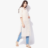 Shirt Collar High-Low Handblock Print Kurta - Indian Dobby