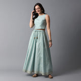 Gold Print Kalidar Talc Blue Skirt with Gota Hem