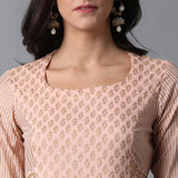 Bleached Coral Gold Print Princess Seam Pleated Cotton Slub Dress