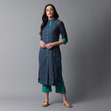 Front Open Straight Band Collar Mangalgiri Zari Checks Kurta and Pants Set