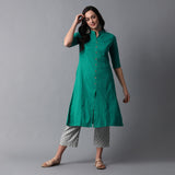Band Collar A-line Plain Kurta with Jacquard Pants