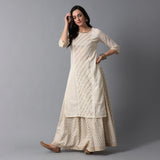 Schiffli & Gota Work Panel Cotton Slub Ivory Kurta & Gold Print Skirt Set