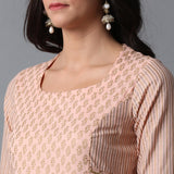 Bleached Coral Gold Print Princess Seam Pleated Cotton Slub Dress