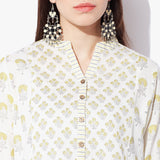 Band Collar Long Handblock Print Flex Kurta - Indian Dobby
