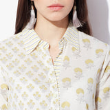 Shirt Collar High-Low Handblock Print Kurta - Indian Dobby