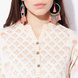 Band Collar Long Handblock Print Flex Kurta - Indian Dobby