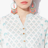 Band Collar Long Handblock Print Flex Kurta - Indian Dobby