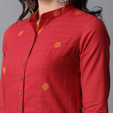 Front Open Straight Band Collar Mangalgiri Zari Checks Kurta and Pants Set