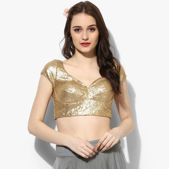 Gold Sequins Choli Cut Blouse - Indian Dobby