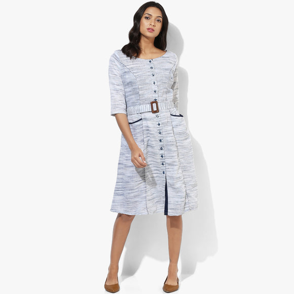 Flared Belted Khadi Dress - Indian Dobby