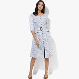 Flared Belted Khadi Dress - Indian Dobby