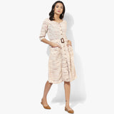 Flared Belted Khadi Dress - Indian Dobby