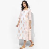 Knife Pleats Handblock Print Maxi Dress - Indian Dobby