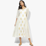 Knife Pleats Handblock Print Maxi Dress - Indian Dobby