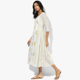 Knife Pleats Handblock Print Maxi Dress - Indian Dobby