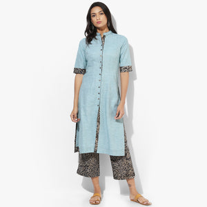 Front Open Straight Band Collar Khadi Kurta - Indian Dobby