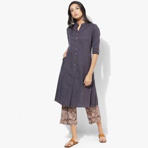 Band Collar A-line Plain Kurta with Kalamkari Pants