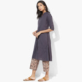 Band Collar A-line Plain Kurta with Kalamkari Pants