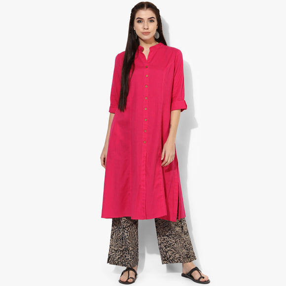 Band Collar A-line Plain Kurta with Kalamkari Pants